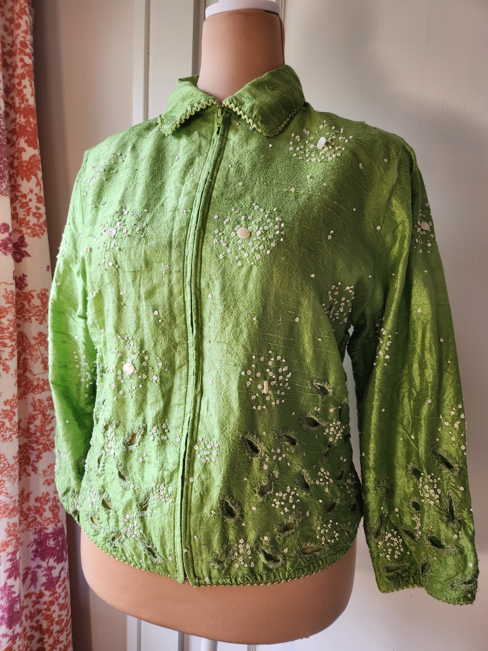 Vtg Anage 100% Silk Grass Green Beaded Jacket